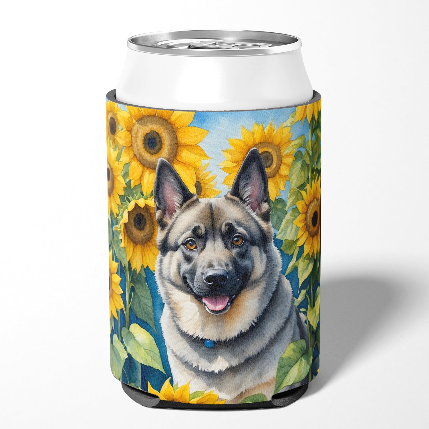 Buy this Norwegian Elkhound in Sunflowers Can or Bottle Hugger