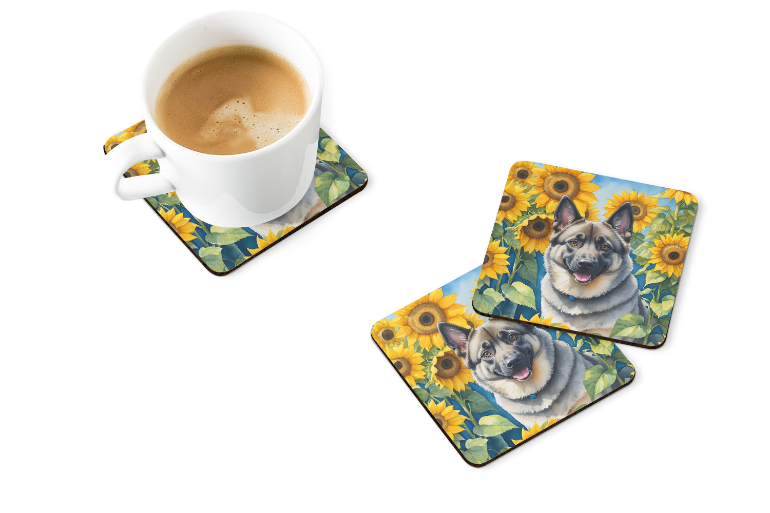 Norwegian Elkhound in Sunflowers Foam Coasters
