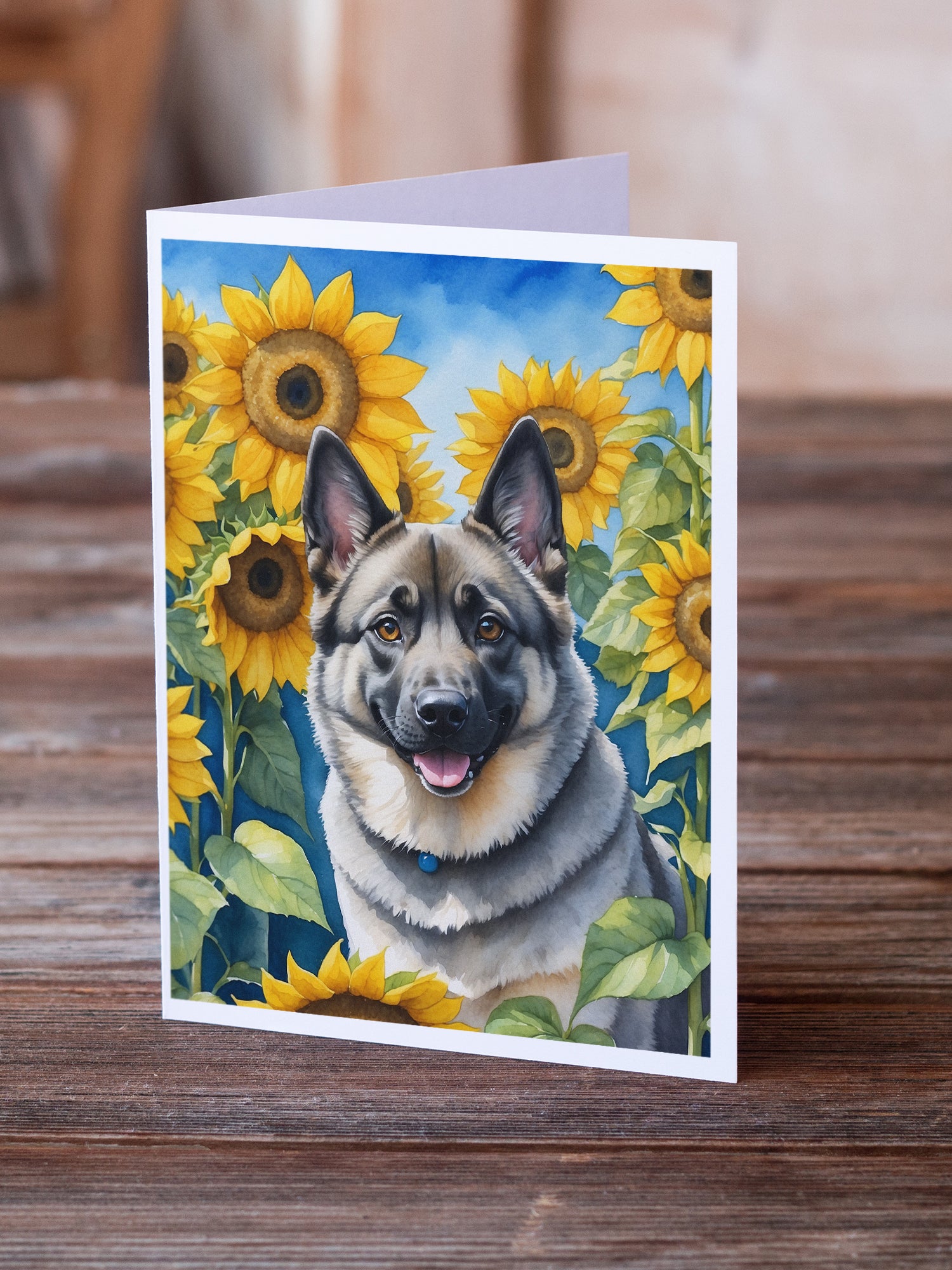 Buy this Norwegian Elkhound in Sunflowers Greeting Cards Pack of 8