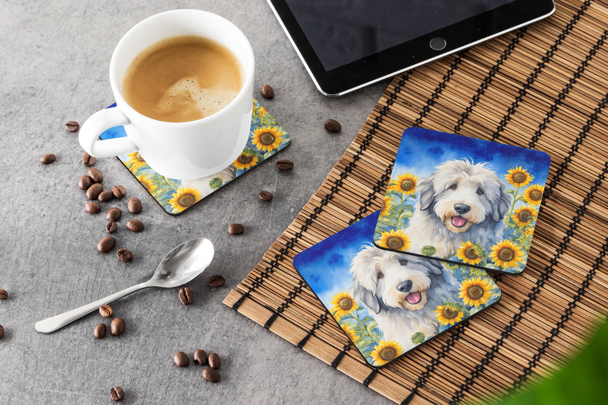 Old English Sheepdog in Sunflowers Foam Coasters