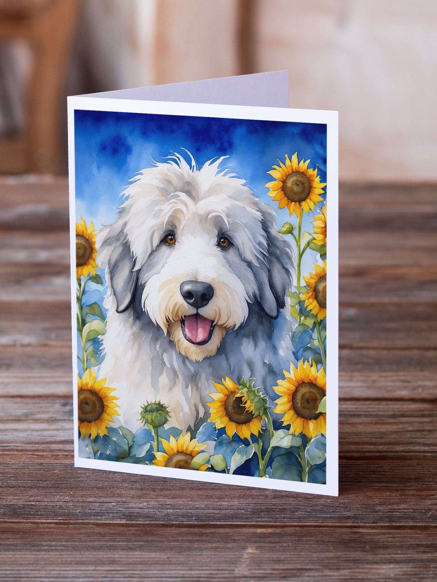 Buy this Old English Sheepdog in Sunflowers Greeting Cards Pack of 8