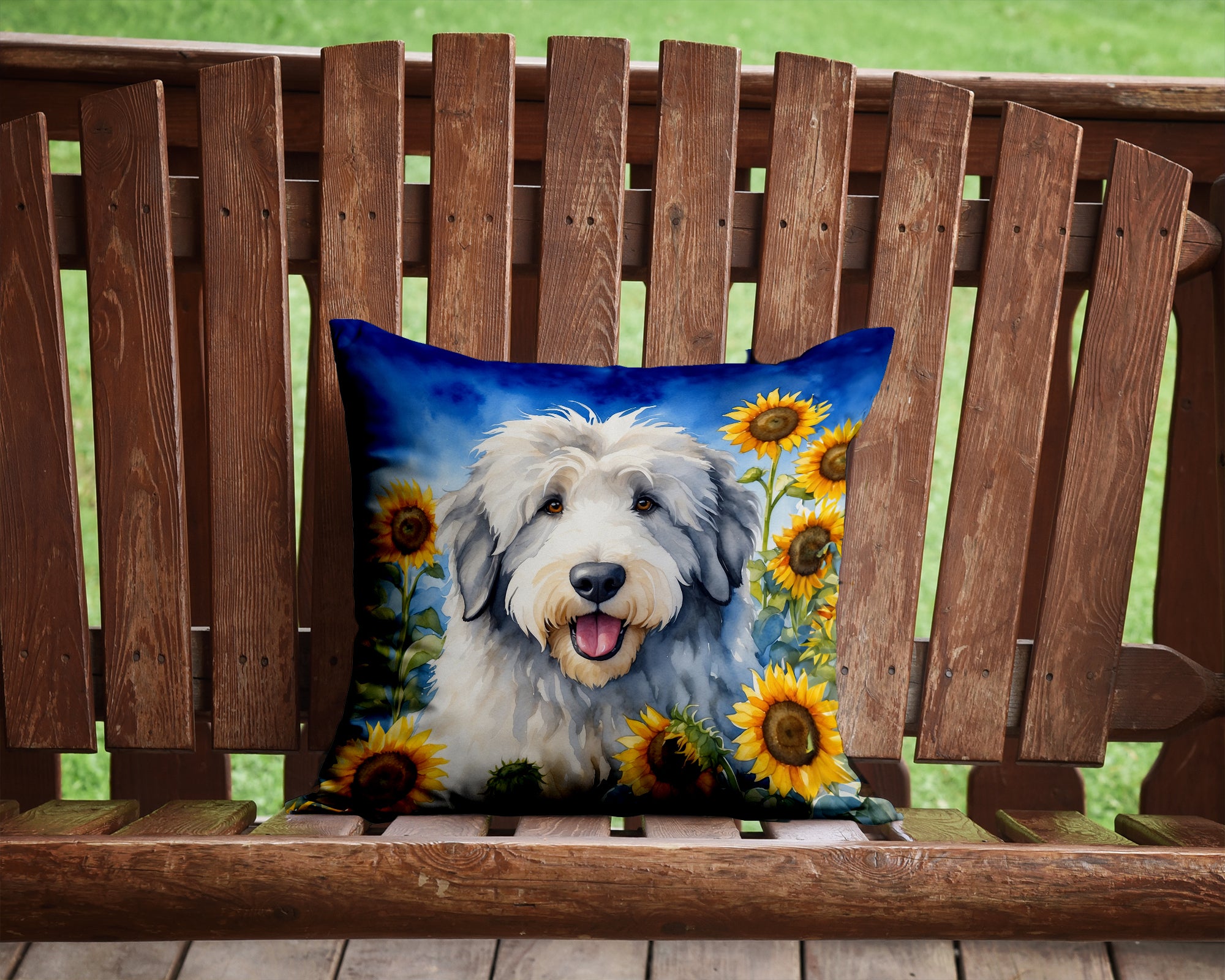 Buy this Old English Sheepdog in Sunflowers Throw Pillow