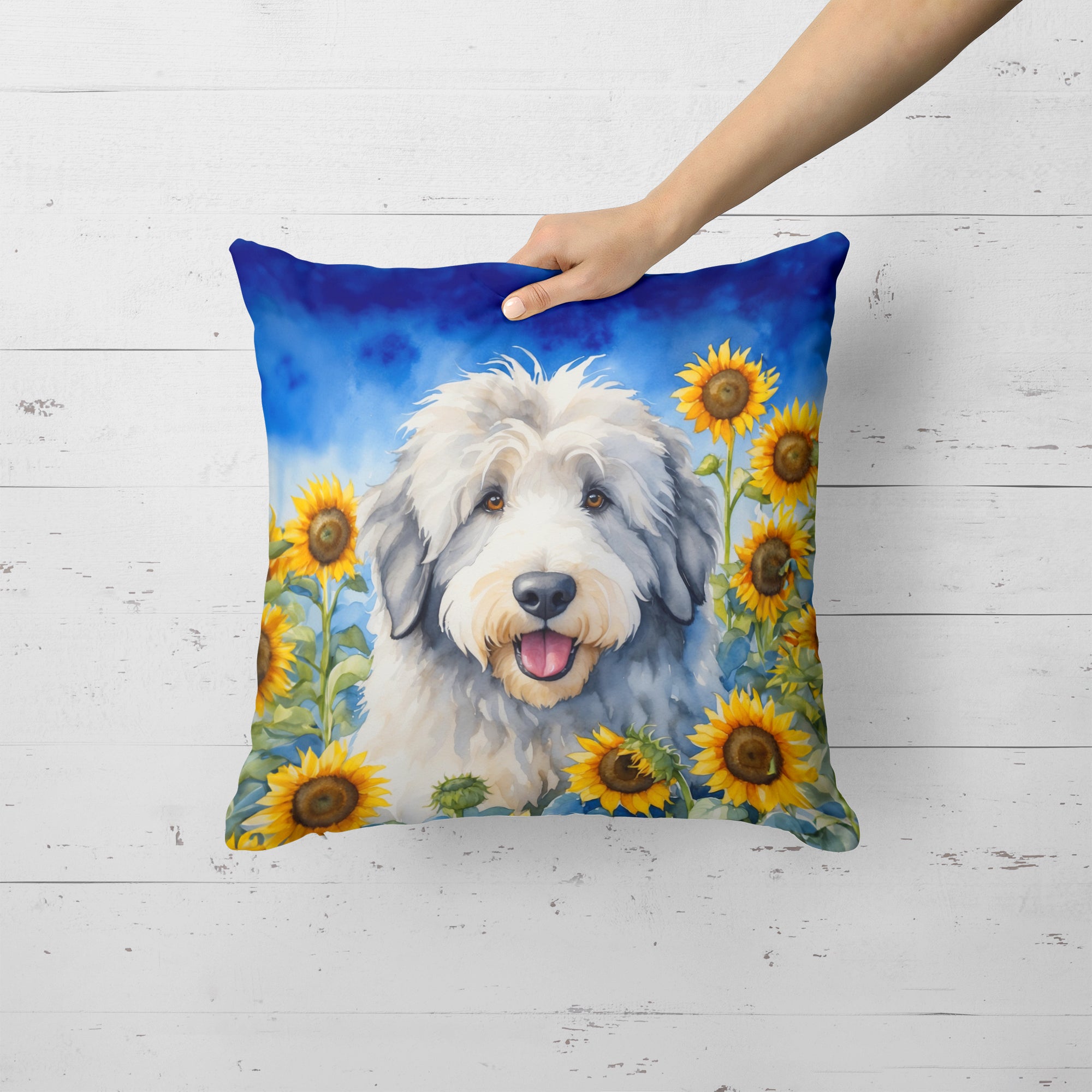 Buy this Old English Sheepdog in Sunflowers Throw Pillow