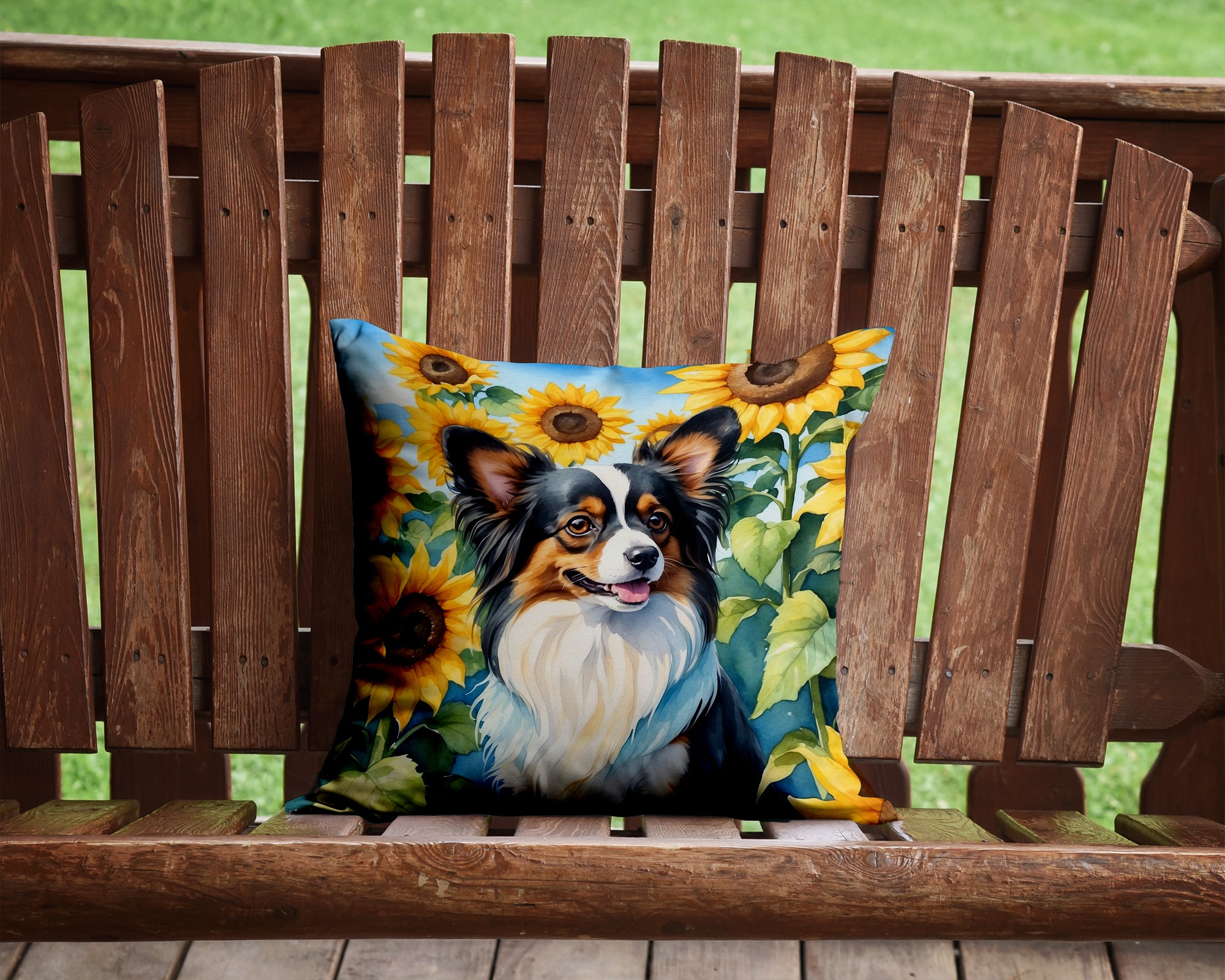 Buy this Papillon in Sunflowers Throw Pillow