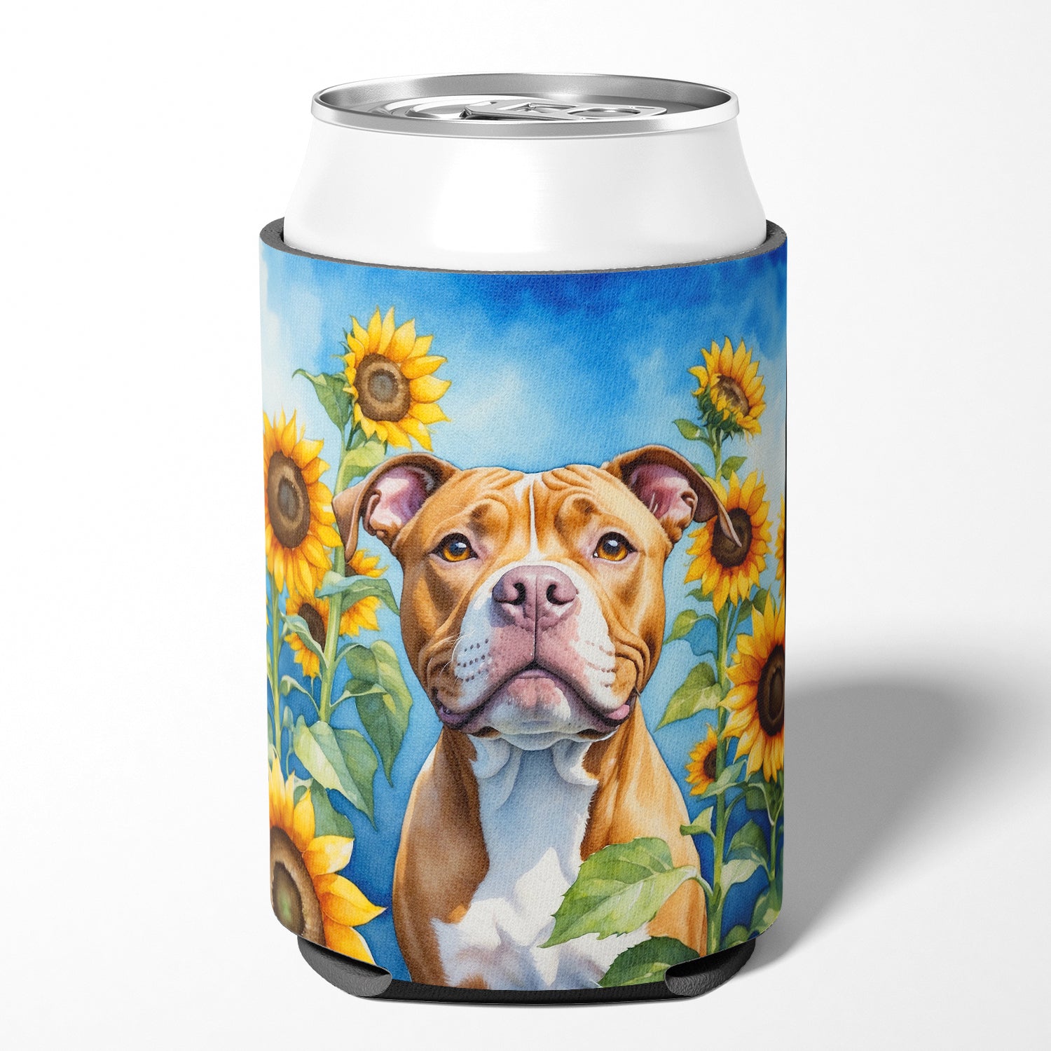 Pit Bull Terrier in Sunflowers Can or Bottle Hugger