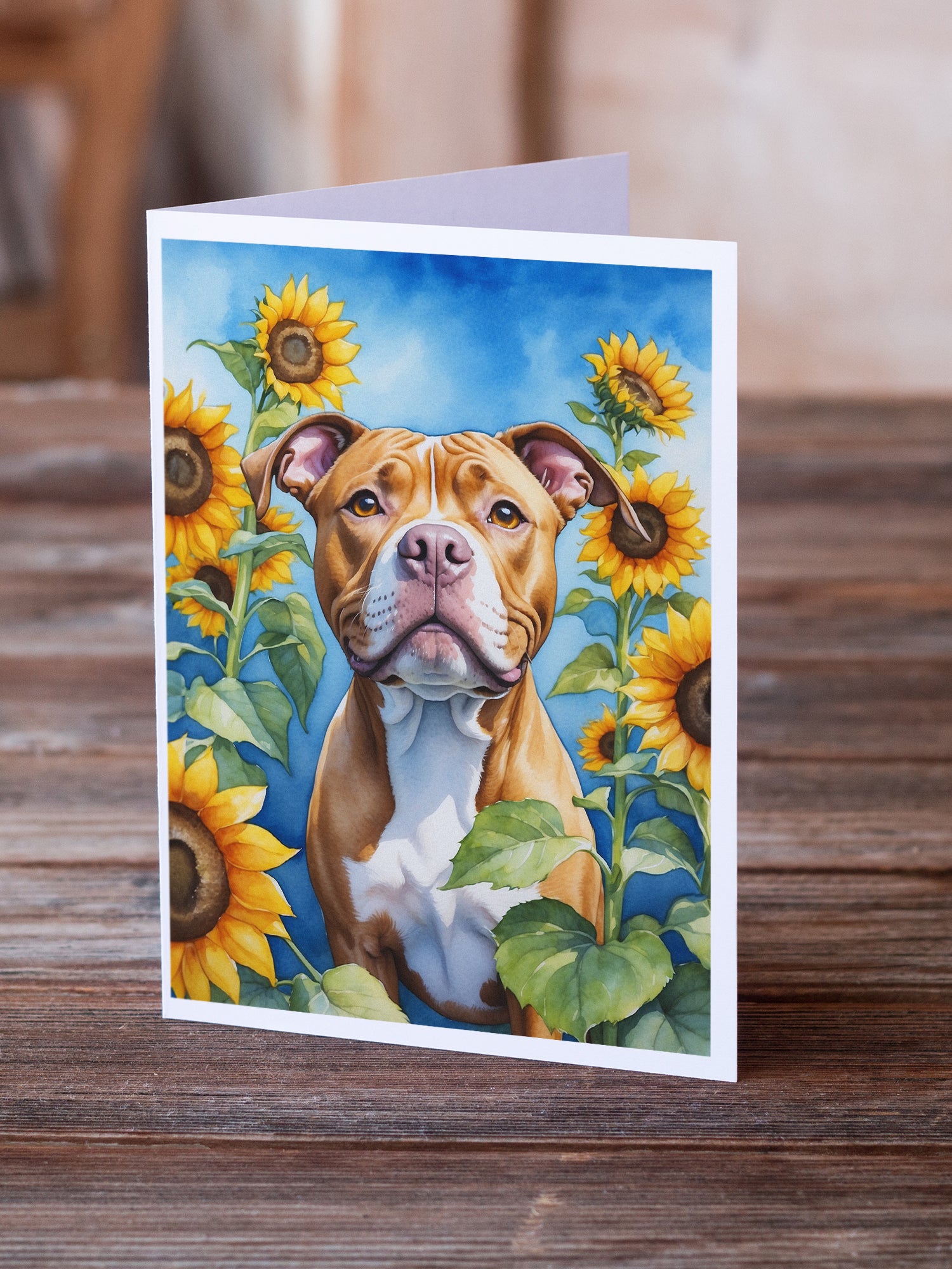 Buy this Pit Bull Terrier in Sunflowers Greeting Cards Pack of 8