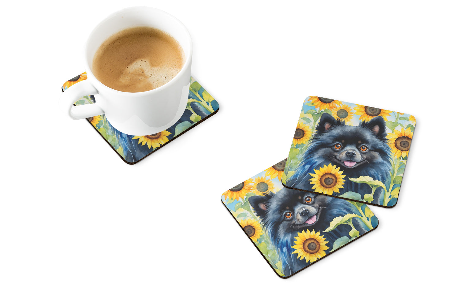 Buy this Pomeranian in Sunflowers Foam Coasters