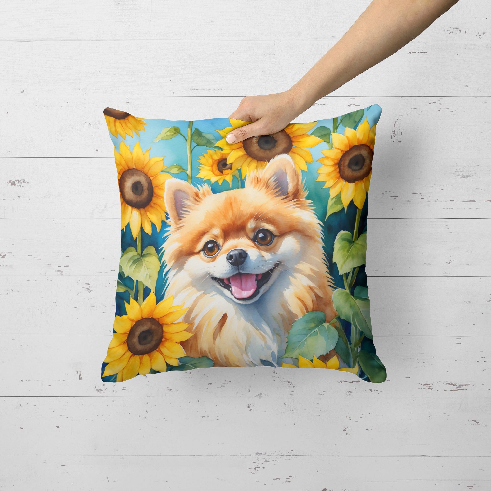 Buy this Pomeranian in Sunflowers Throw Pillow