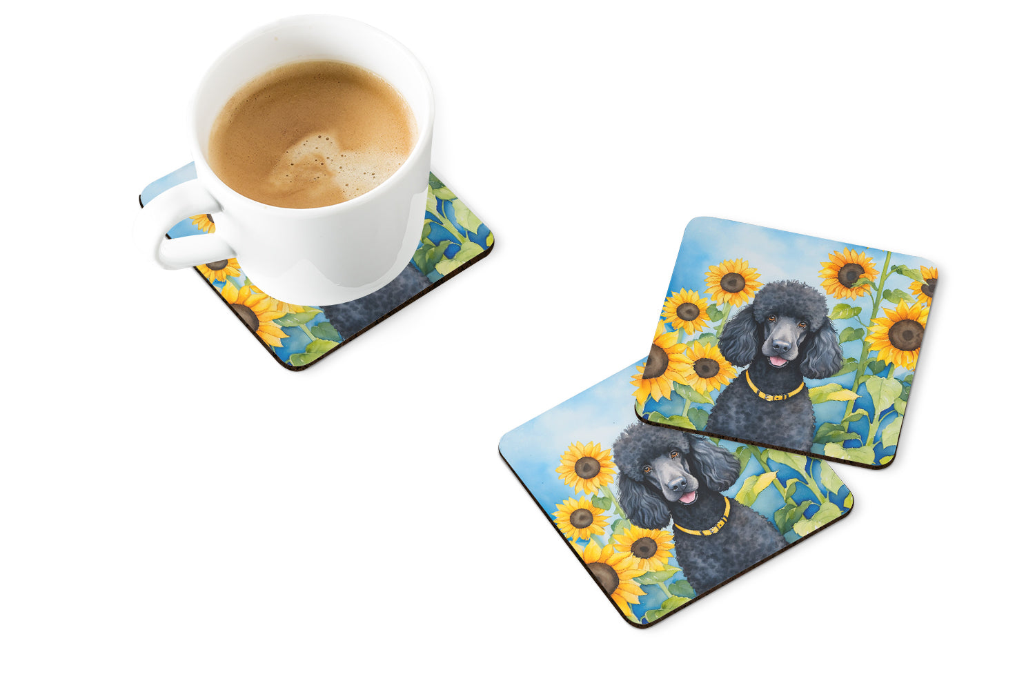Buy this Black Poodle in Sunflowers Foam Coasters