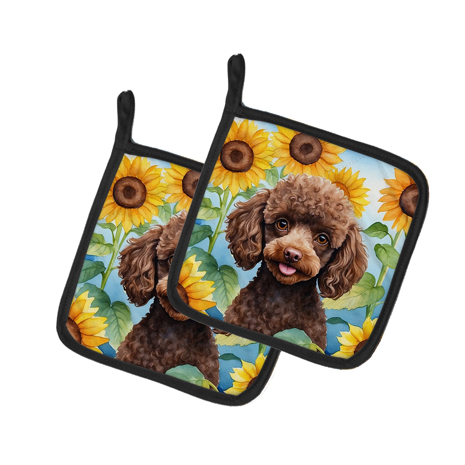 Buy this Chocolate Poodle in Sunflowers Pair of Pot Holders