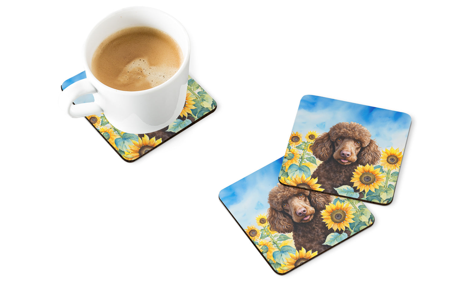 Buy this Chocolate Poodle in Sunflowers Foam Coasters