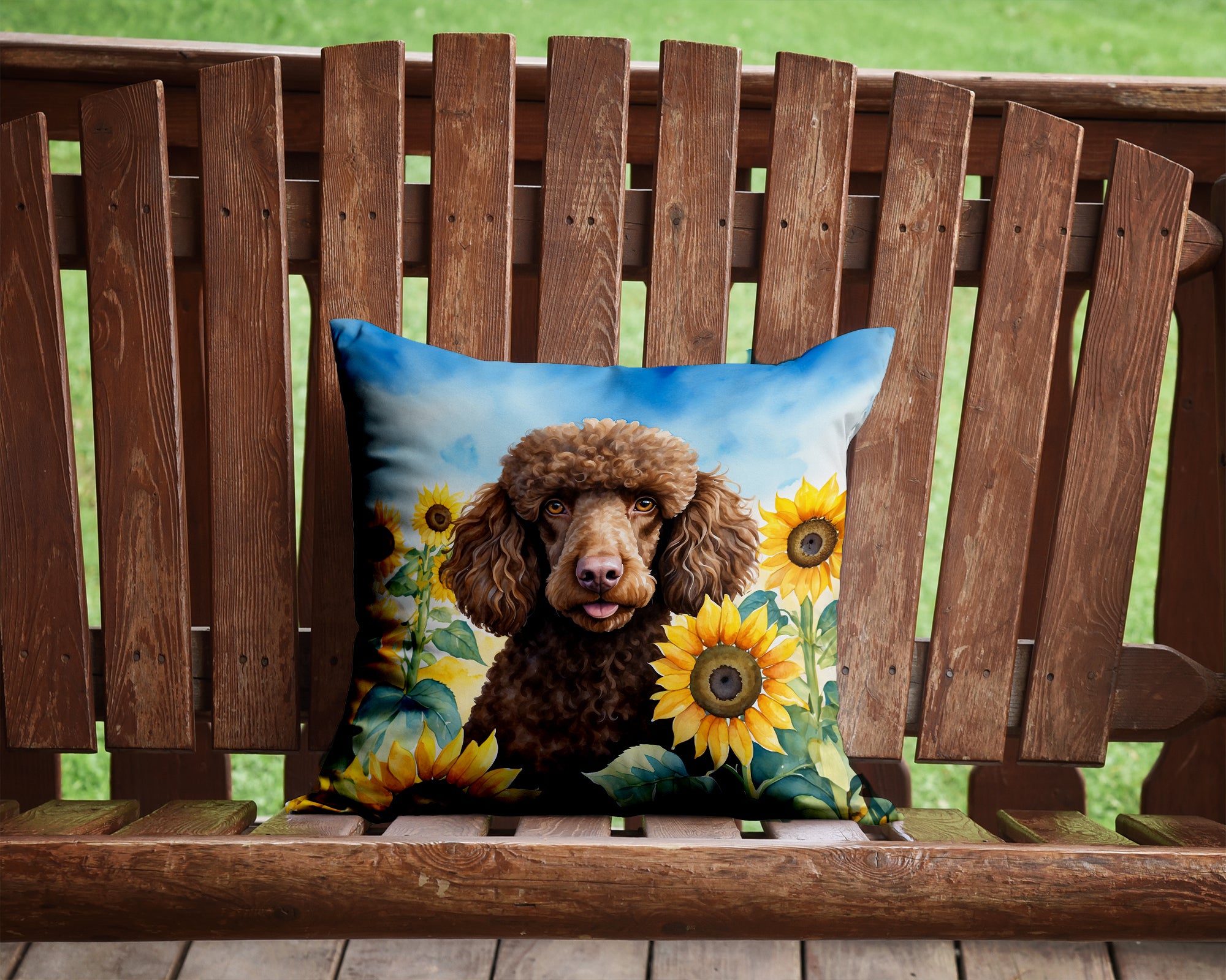 Buy this Chocolate Poodle in Sunflowers Throw Pillow