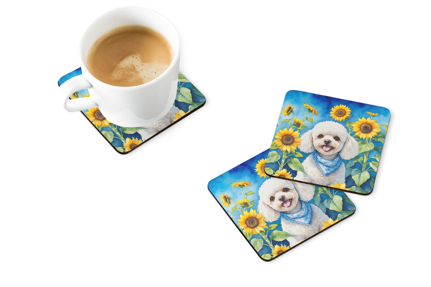 Buy this White Poodle in Sunflowers Foam Coasters