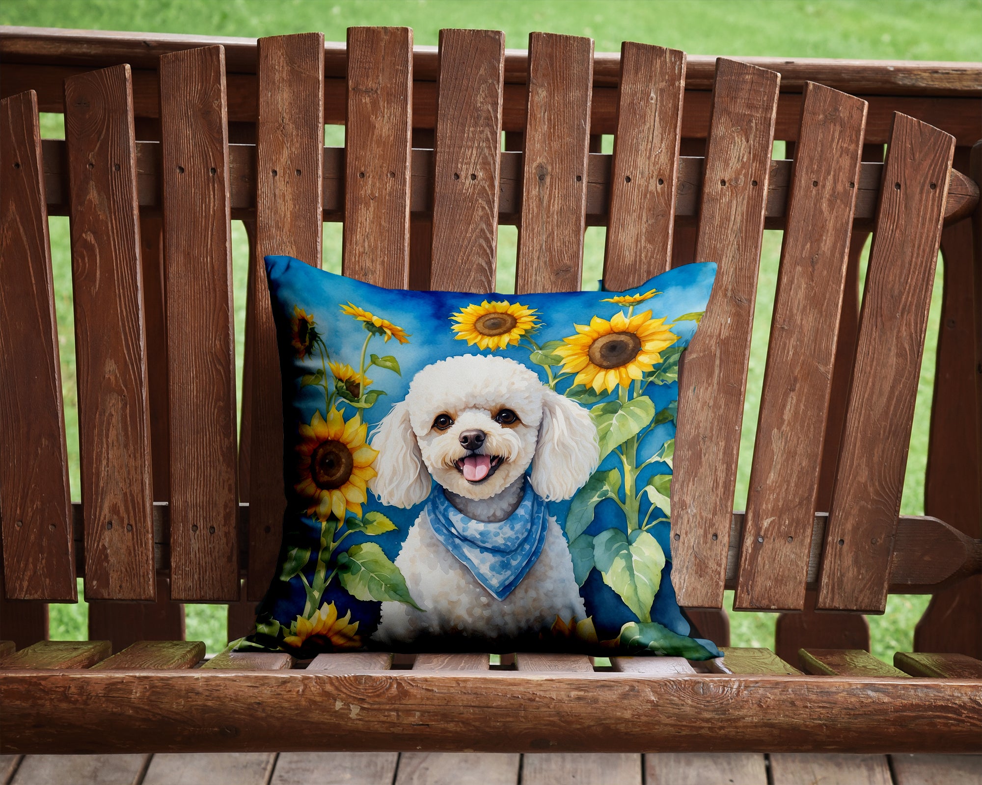 Buy this White Poodle in Sunflowers Throw Pillow