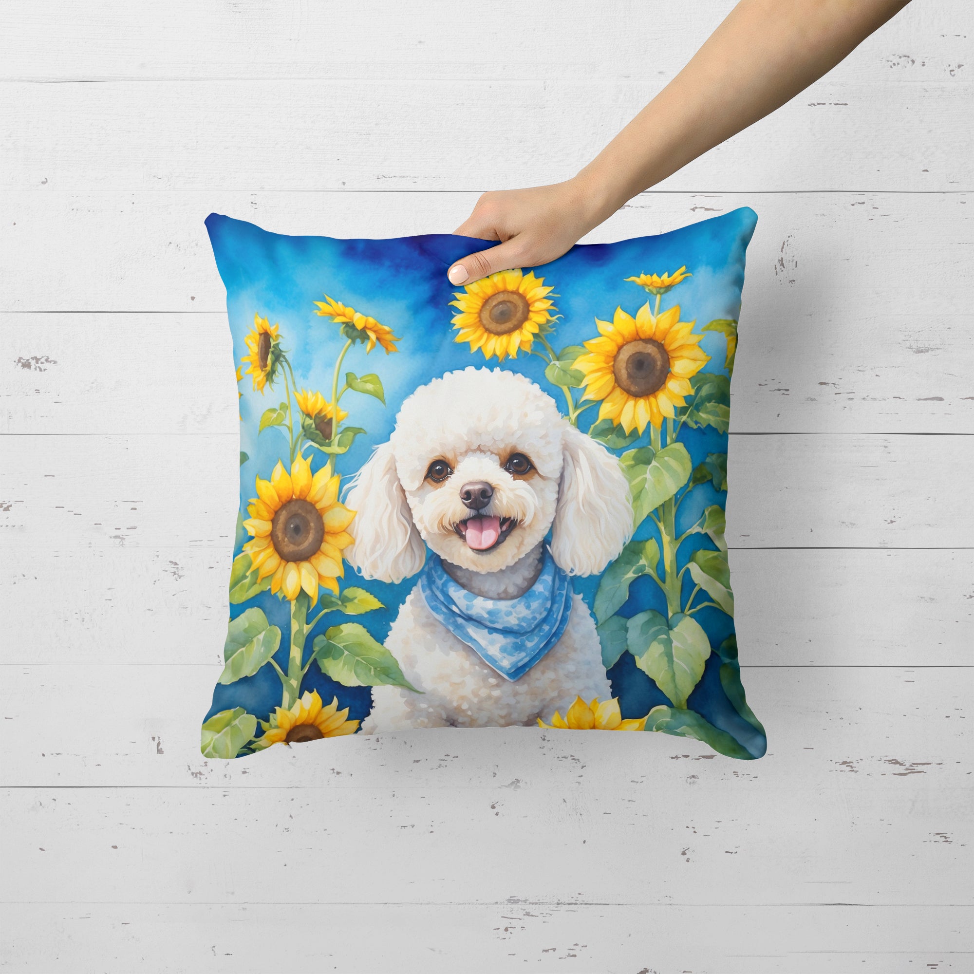 Buy this White Poodle in Sunflowers Throw Pillow