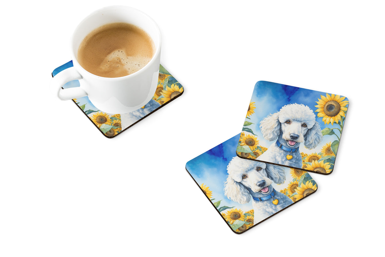 Buy this White Poodle in Sunflowers Foam Coasters