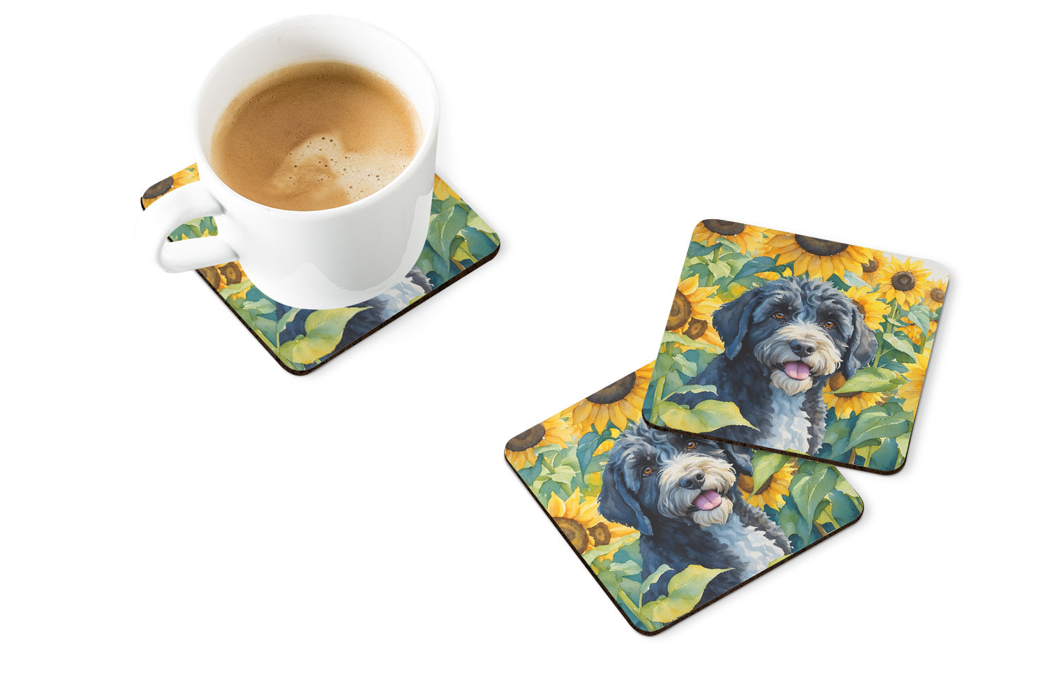 Buy this Portuguese Water Dog in Sunflowers Foam Coasters
