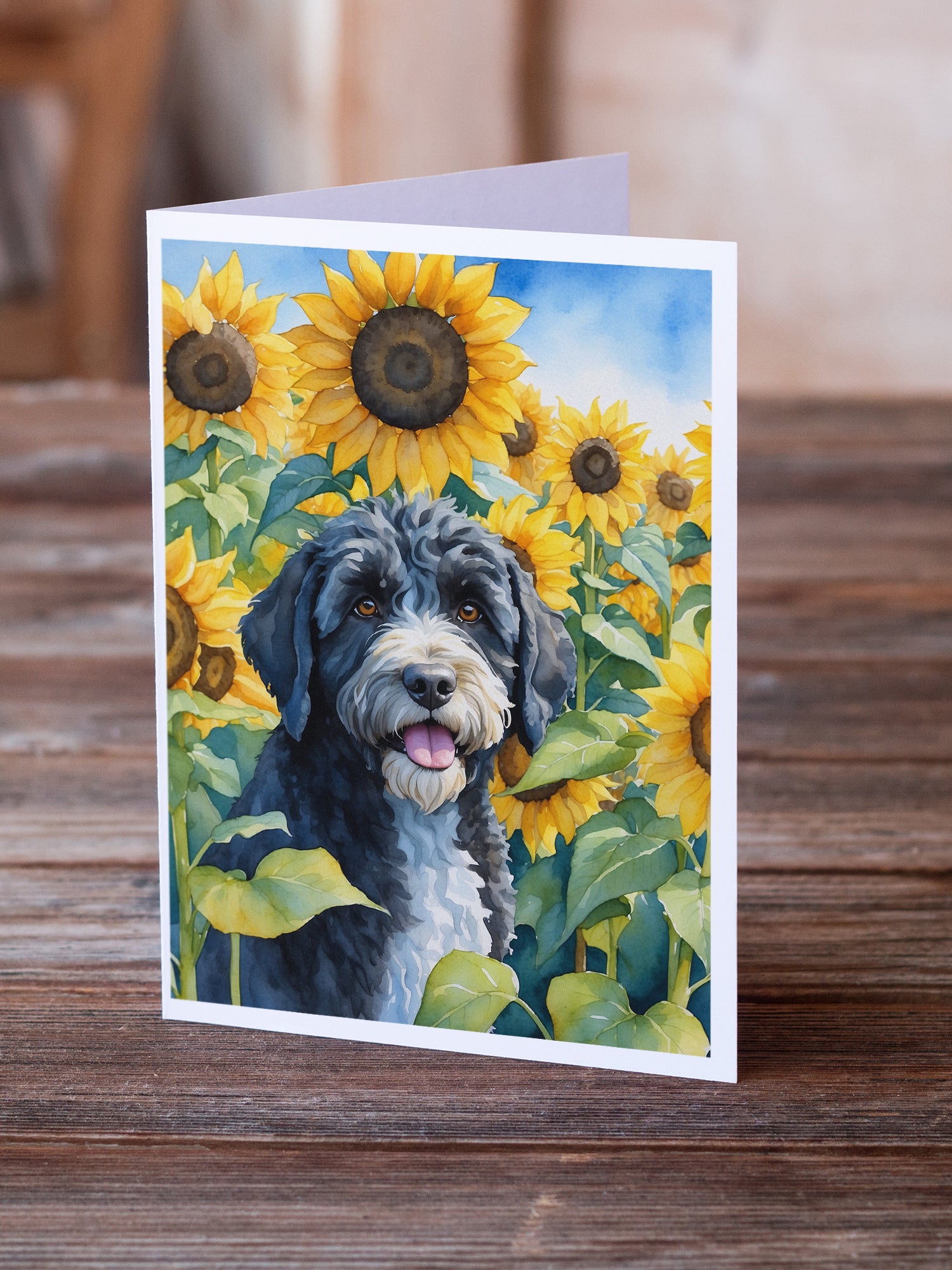 Portuguese Water Dog in Sunflowers Greeting Cards Pack of 8