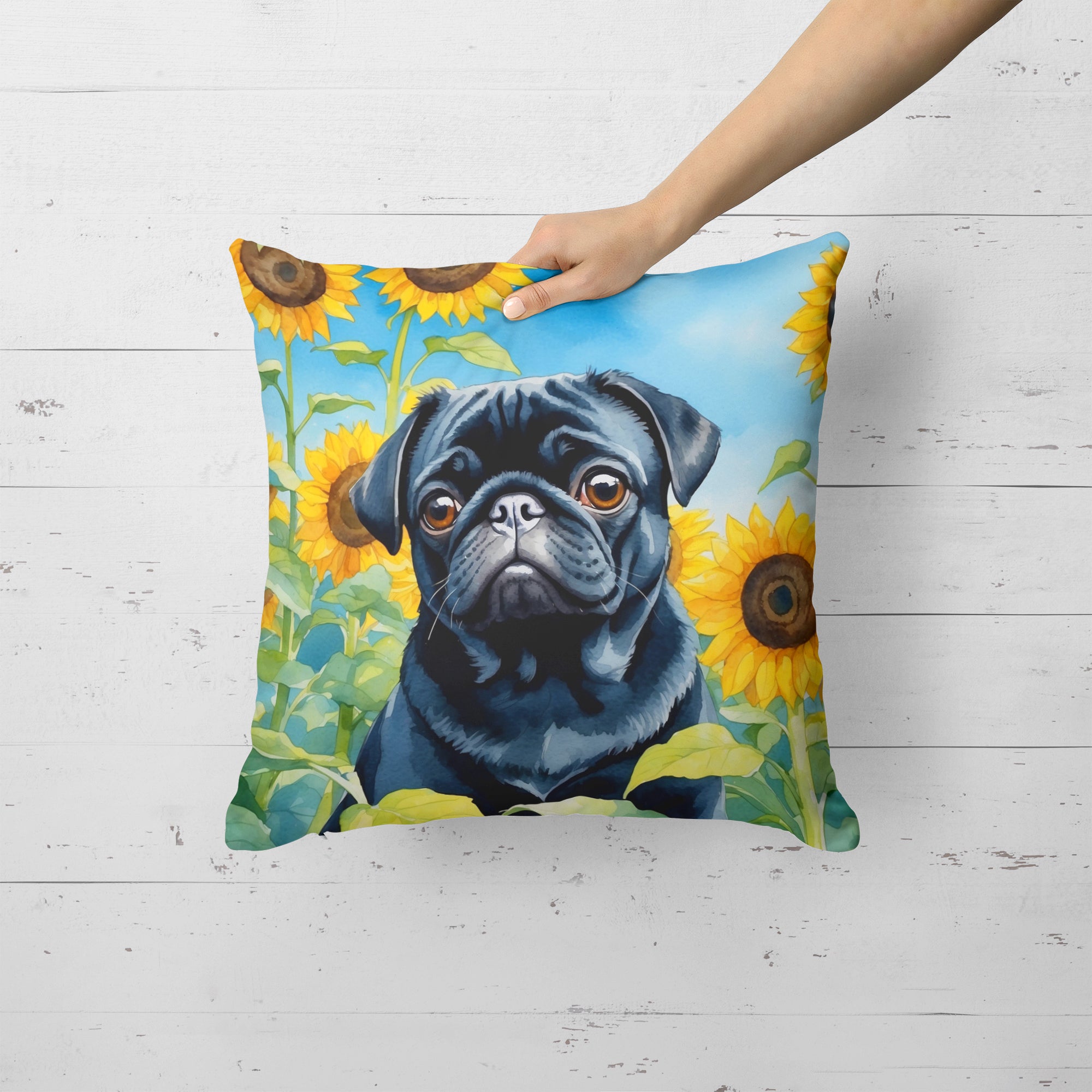 Buy this Pug in Sunflowers Throw Pillow