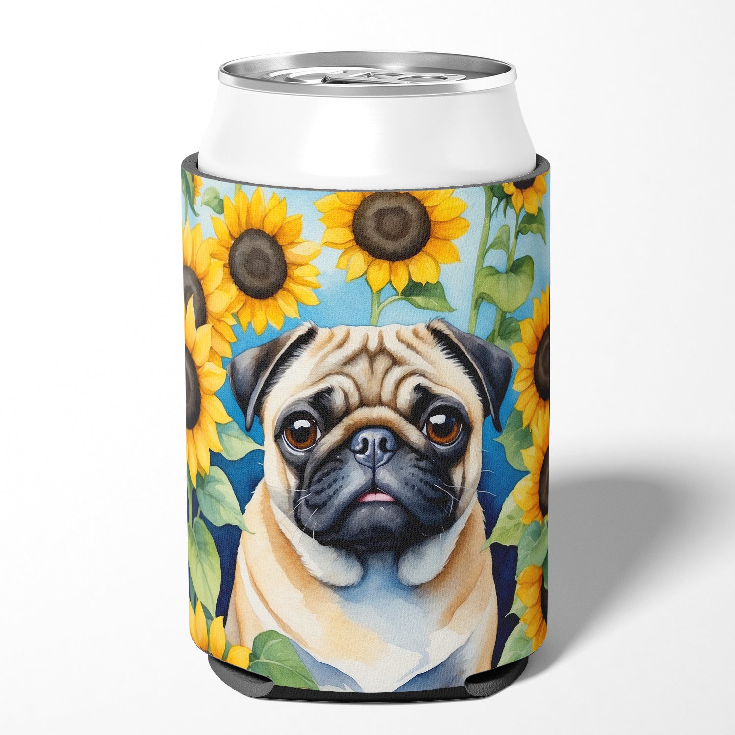 Buy this Pug in Sunflowers Can or Bottle Hugger