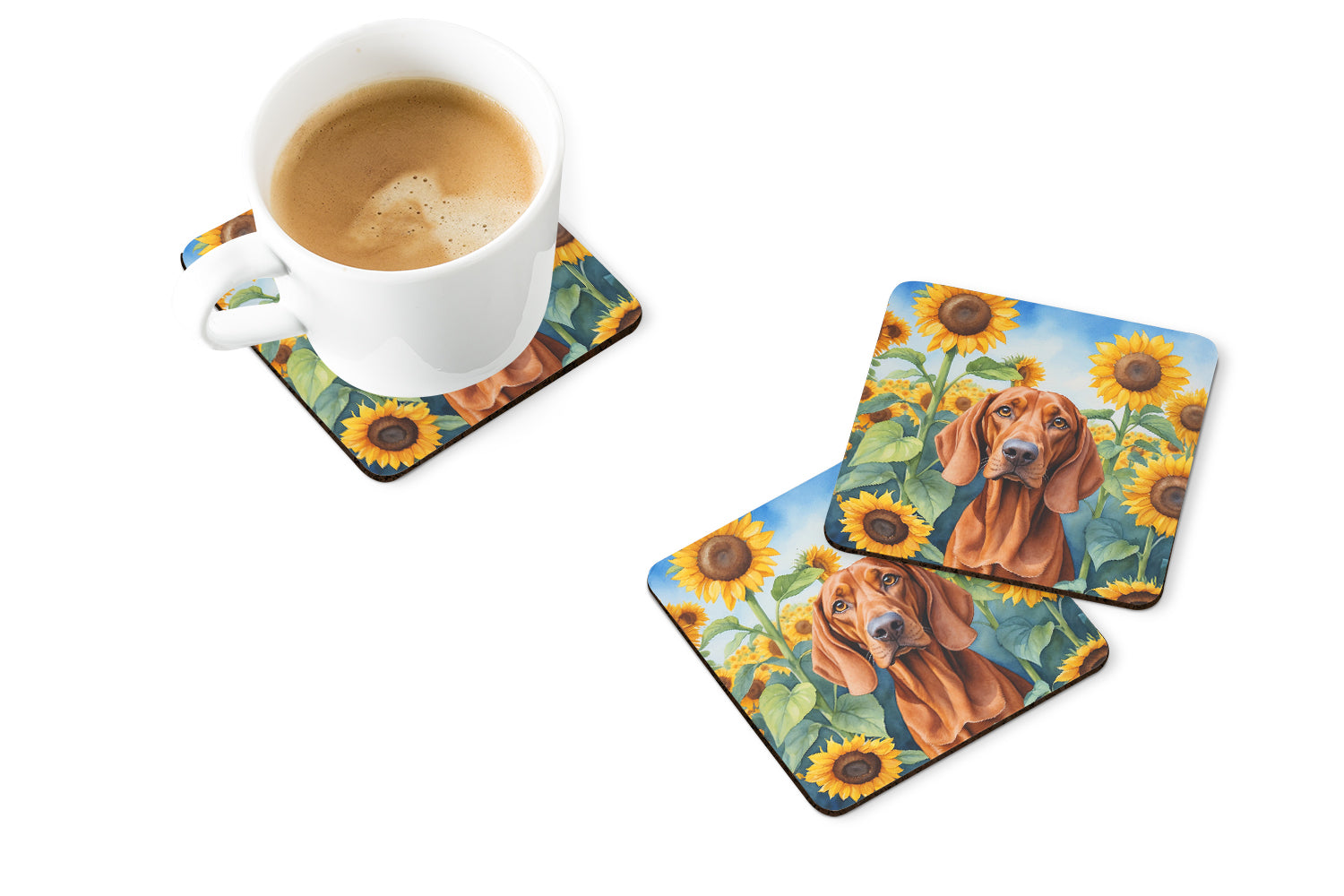 Redbone Coonhound in Sunflowers Foam Coasters