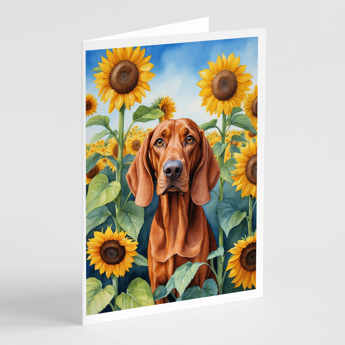 Buy this Redbone Coonhound in Sunflowers Greeting Cards Pack of 8