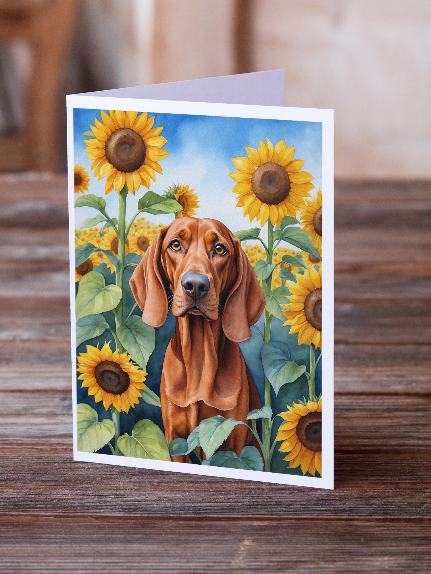 Redbone Coonhound in Sunflowers Greeting Cards Pack of 8