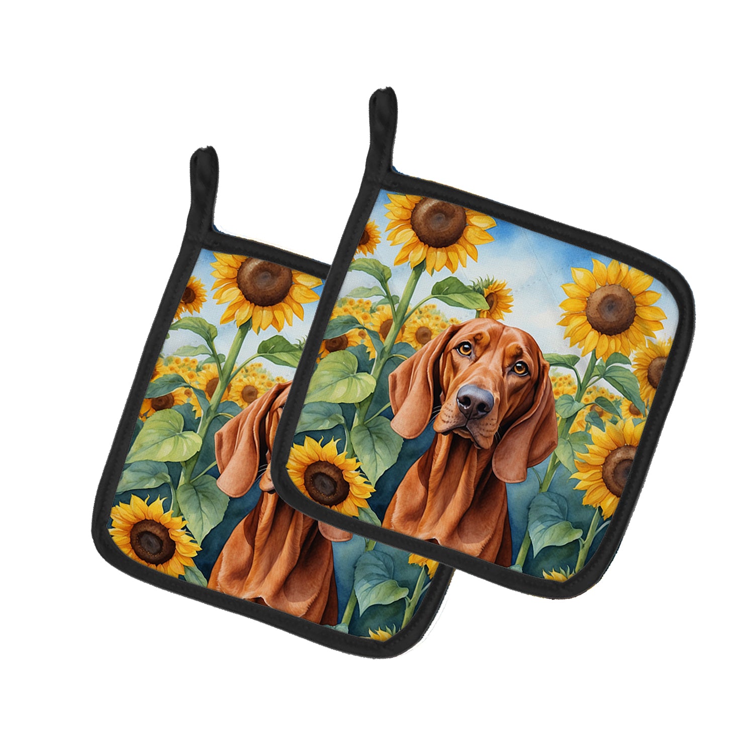 Buy this Redbone Coonhound in Sunflowers Pair of Pot Holders