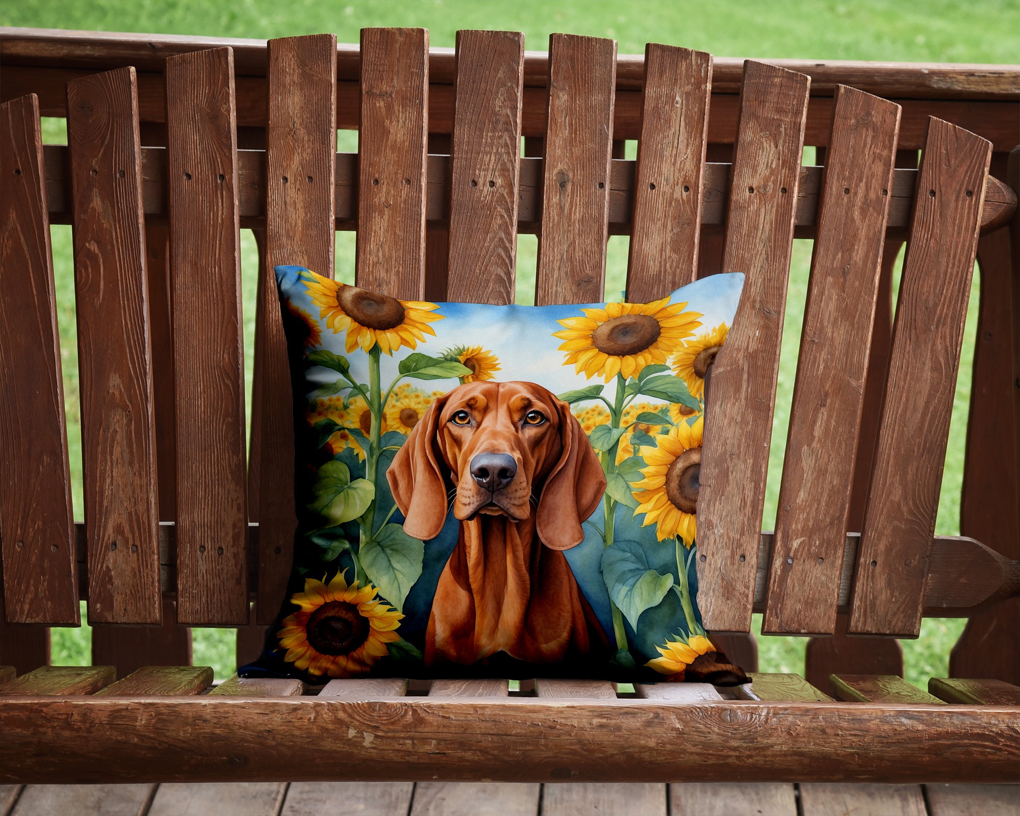 Buy this Redbone Coonhound in Sunflowers Throw Pillow