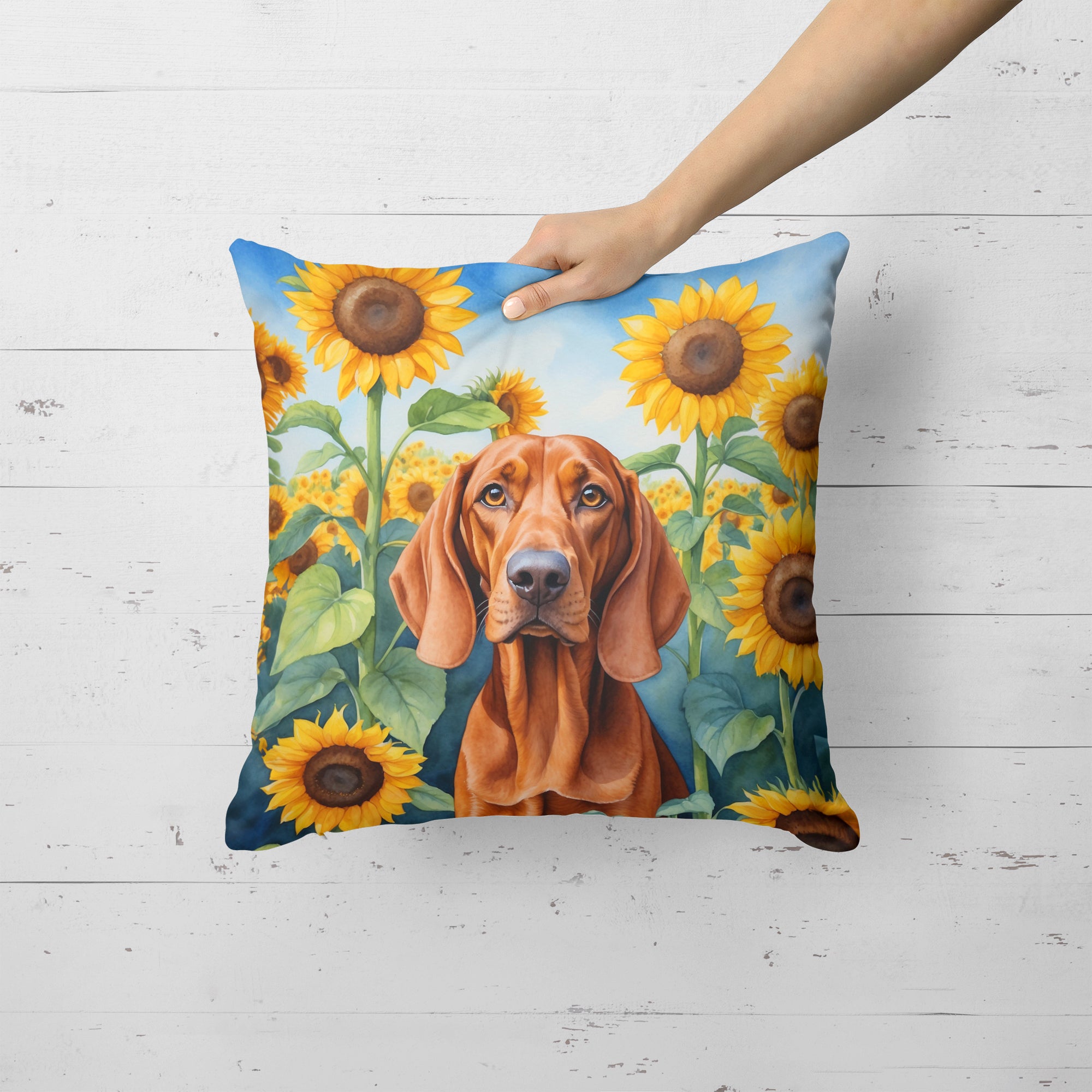 Redbone Coonhound in Sunflowers Throw Pillow