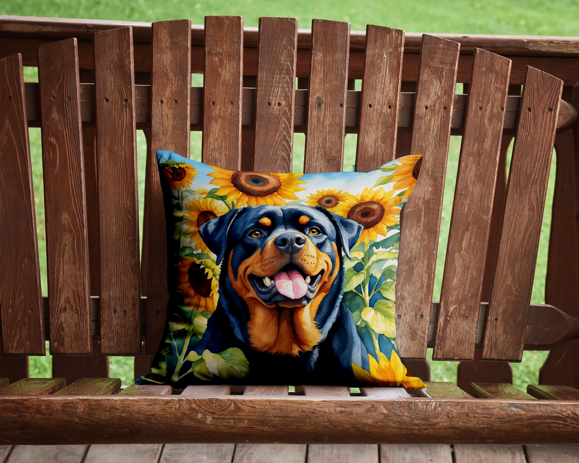 Buy this Rottweiler in Sunflowers Throw Pillow