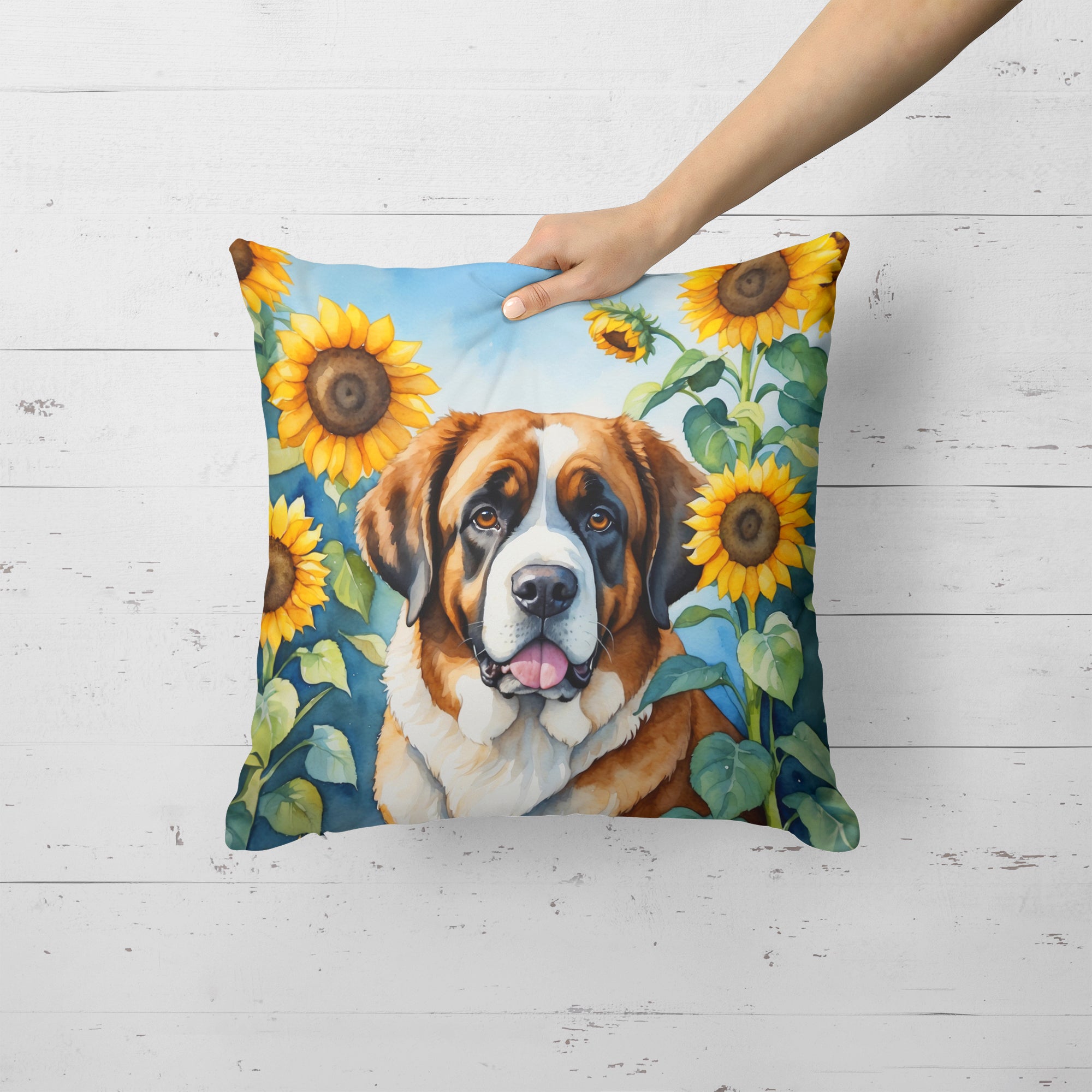 Saint Bernard in Sunflowers Throw Pillow