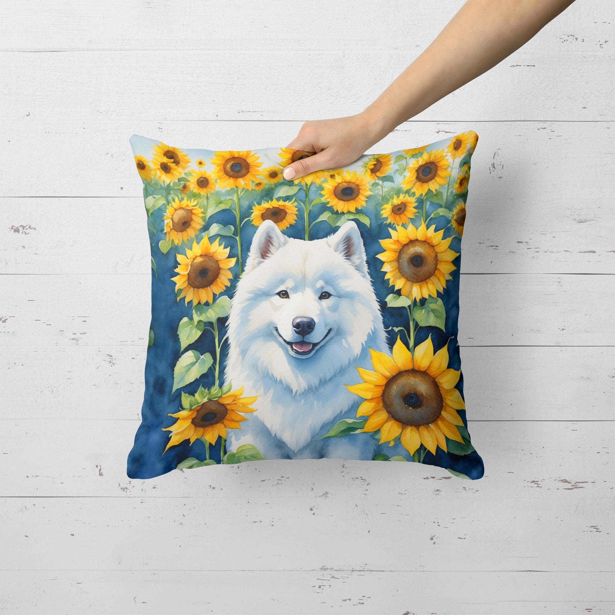 Buy this Samoyed in Sunflowers Throw Pillow