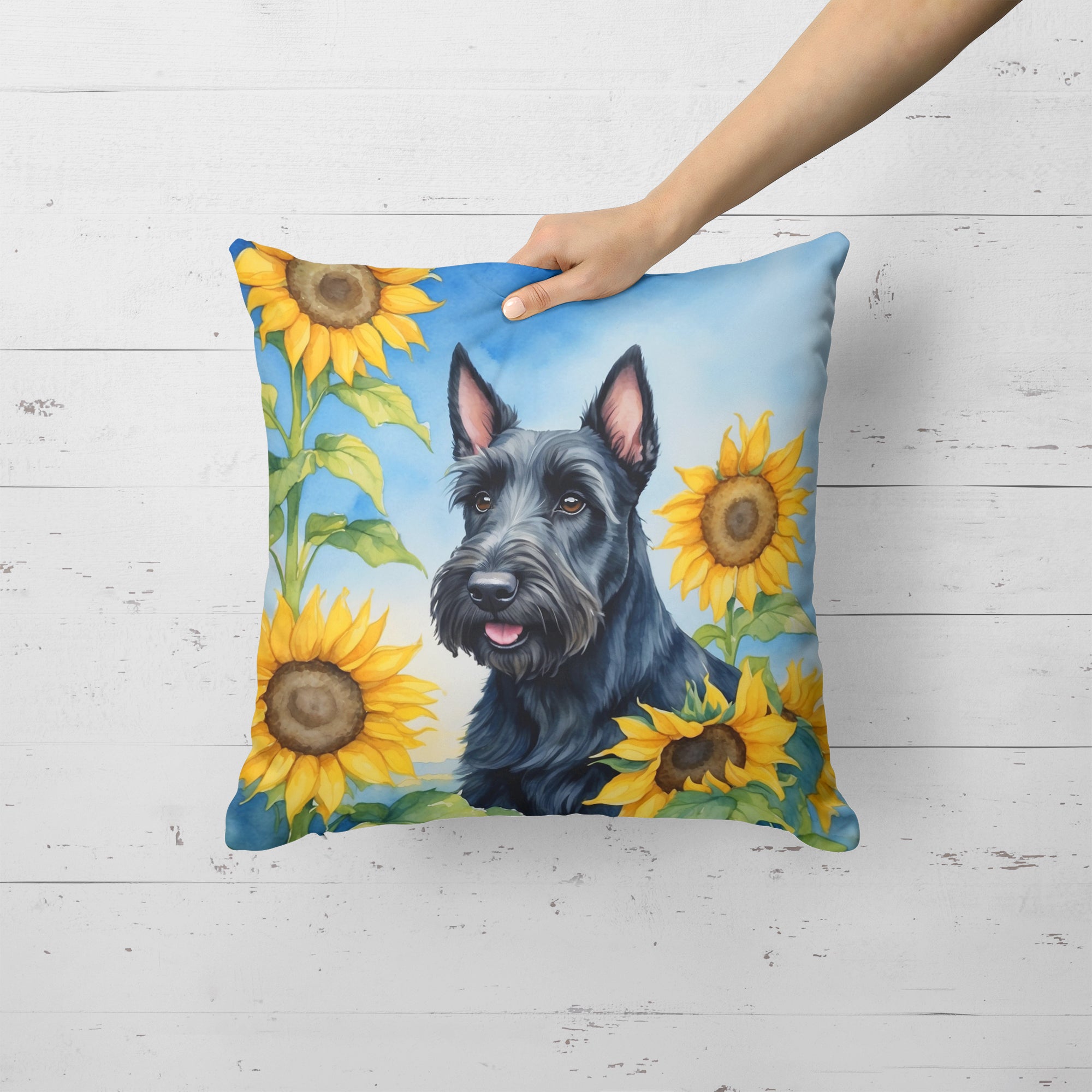 Scottish Terrier in Sunflowers Throw Pillow