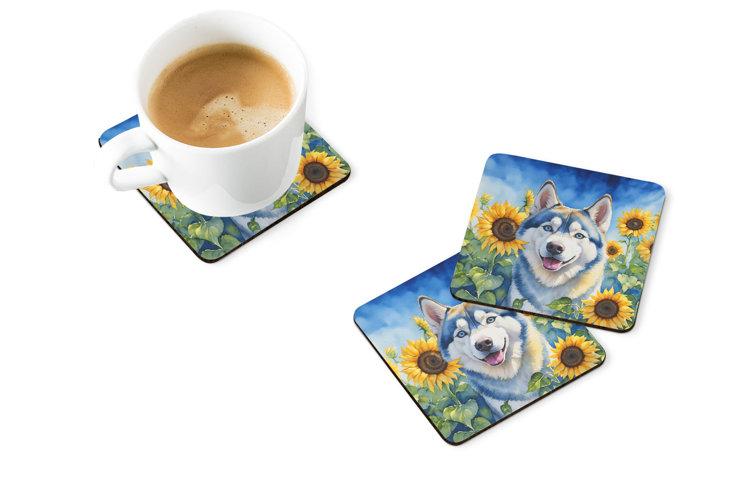 Buy this Siberian Husky in Sunflowers Foam Coasters