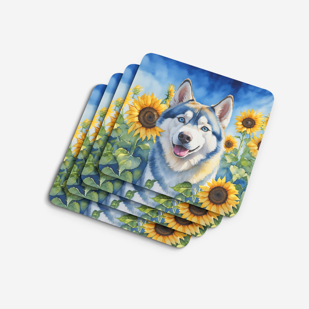 Siberian Husky in Sunflowers Foam Coasters