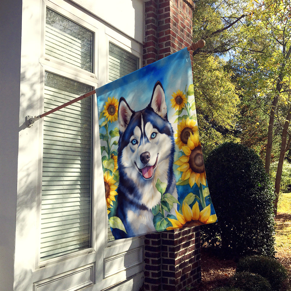 Siberian Husky in Sunflowers House Flag