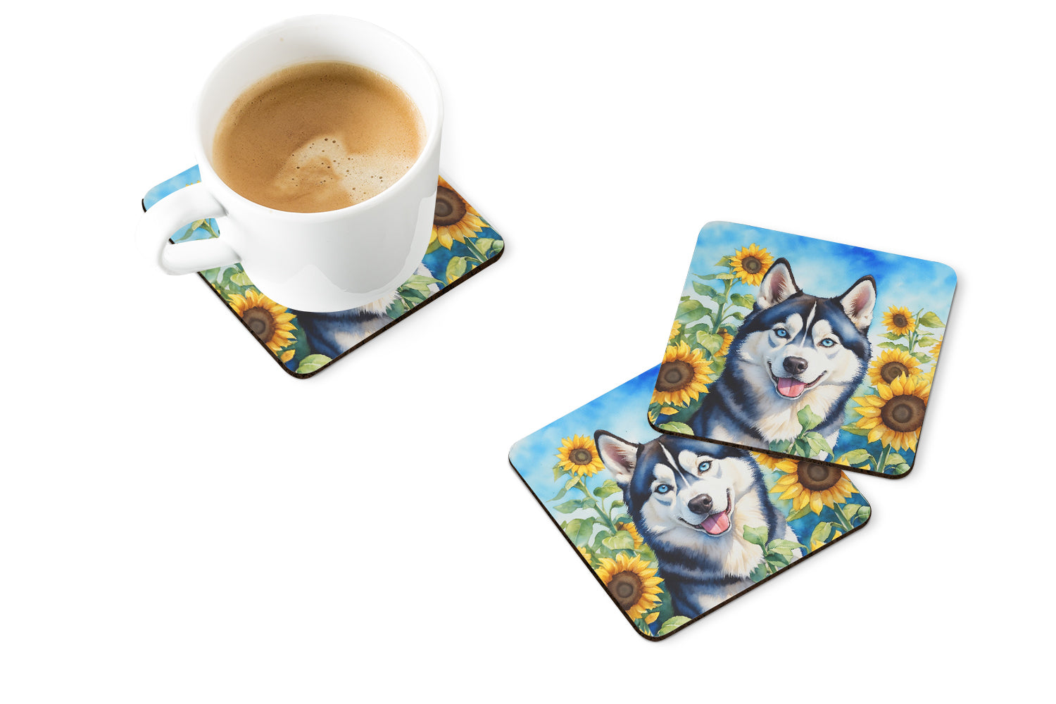 Buy this Siberian Husky in Sunflowers Foam Coasters