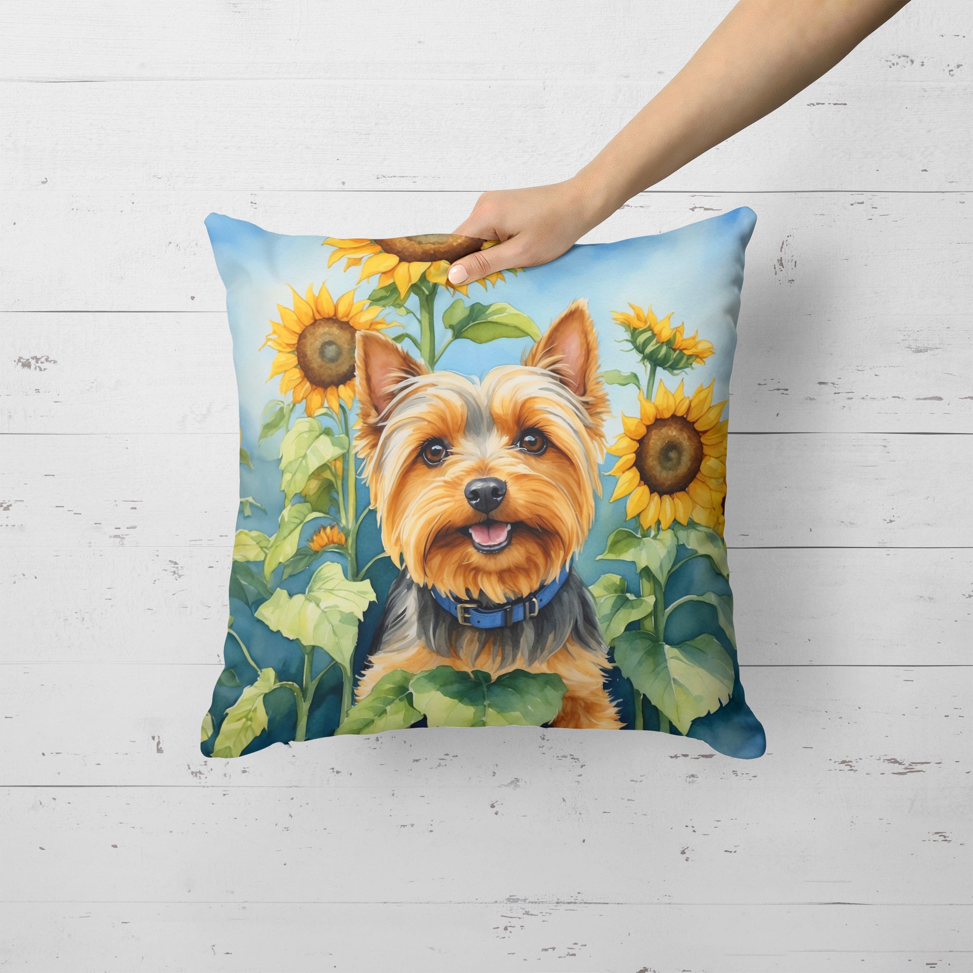Buy this Silky Terrier in Sunflowers Throw Pillow
