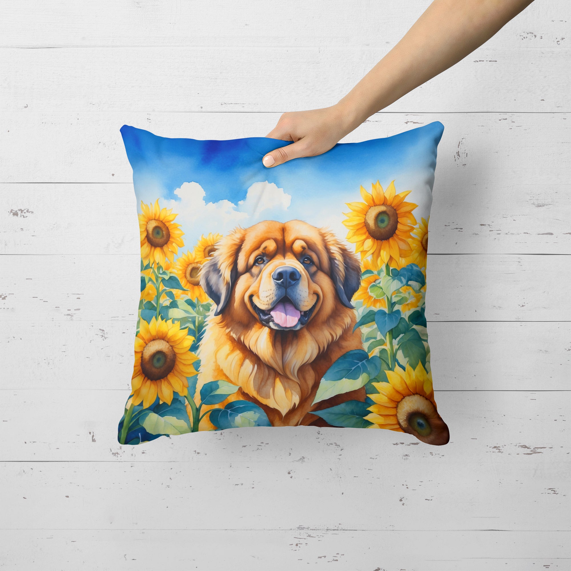 Tibetan Mastiff in Sunflowers Throw Pillow