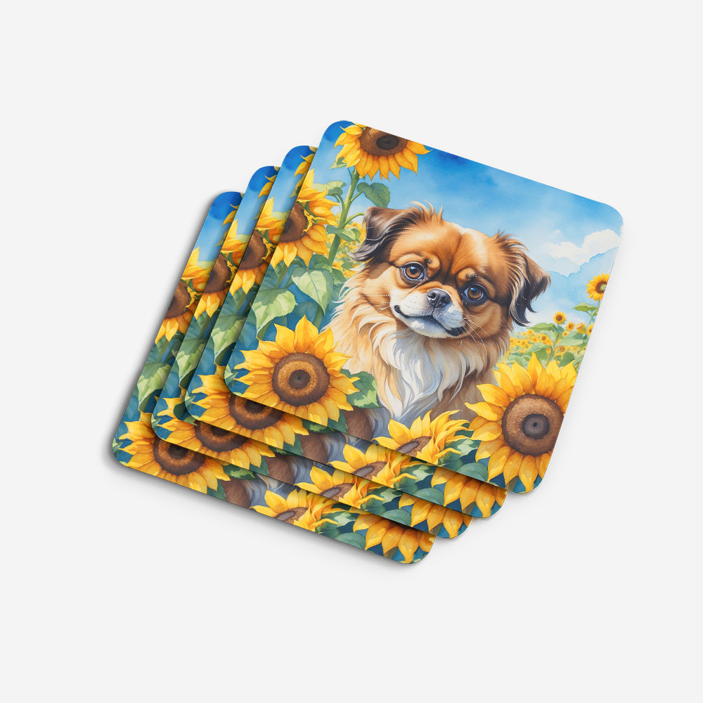 Tibetan Spaniel in Sunflowers Foam Coasters