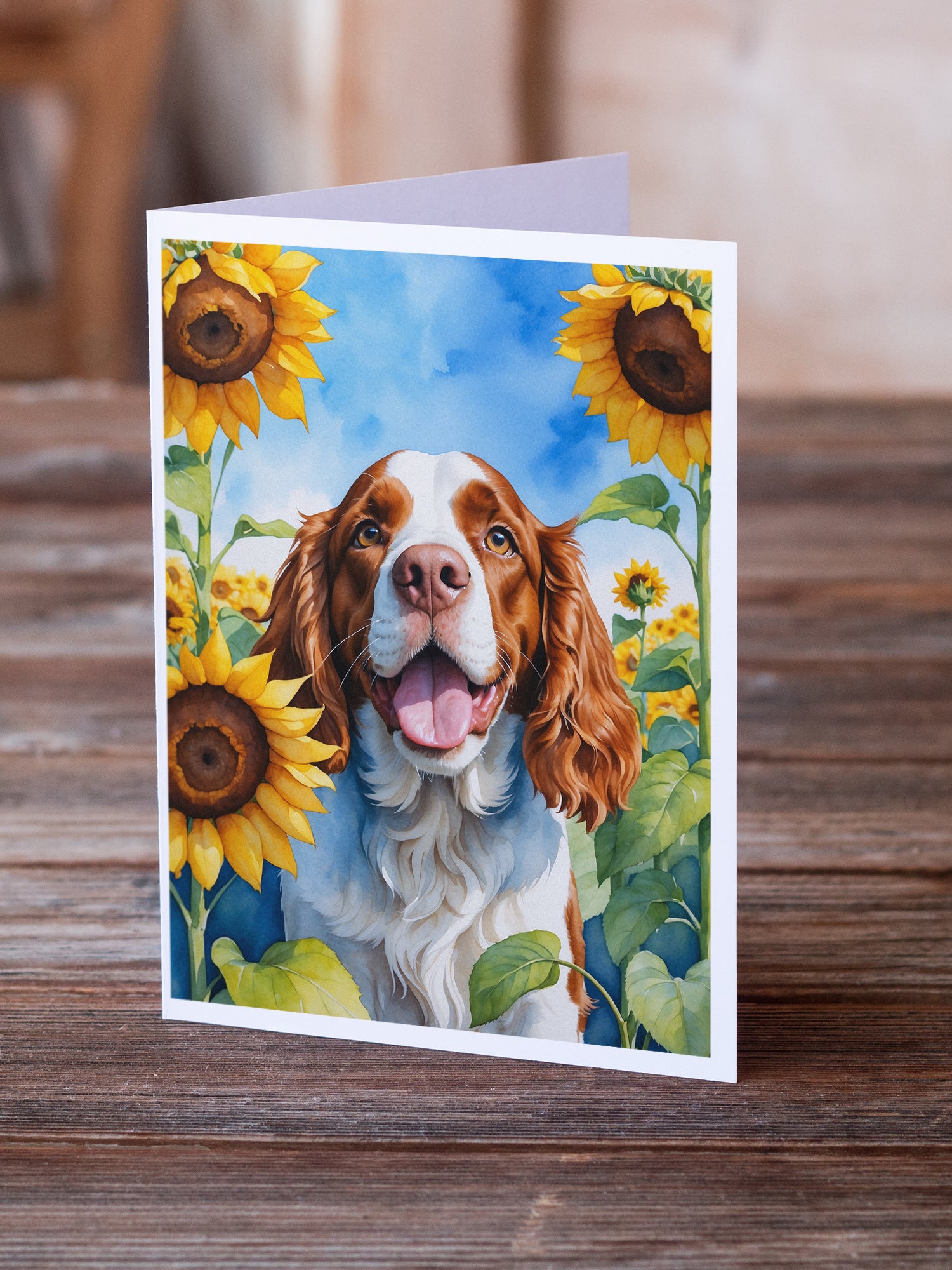Welsh Springer Spaniel in Sunflowers Greeting Cards Pack of 8