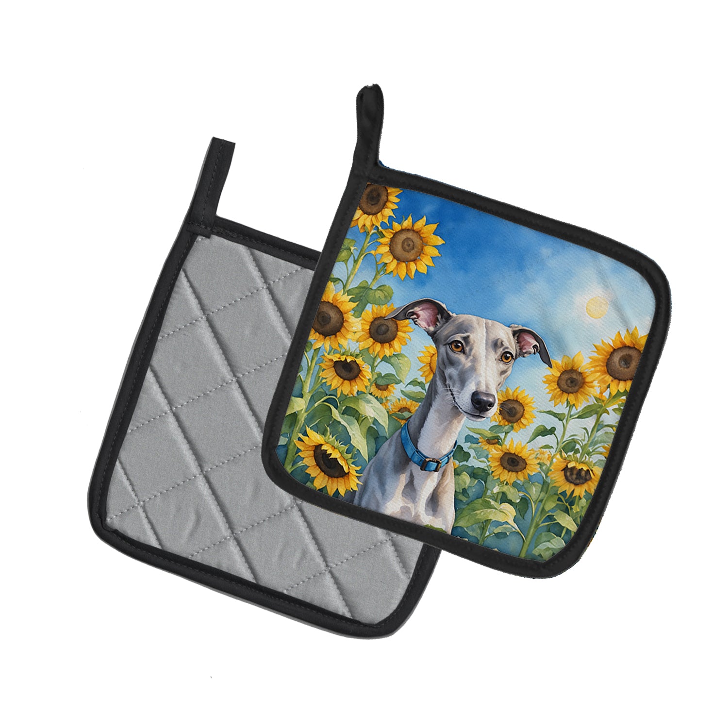 Whippet in Sunflowers Pair of Pot Holders