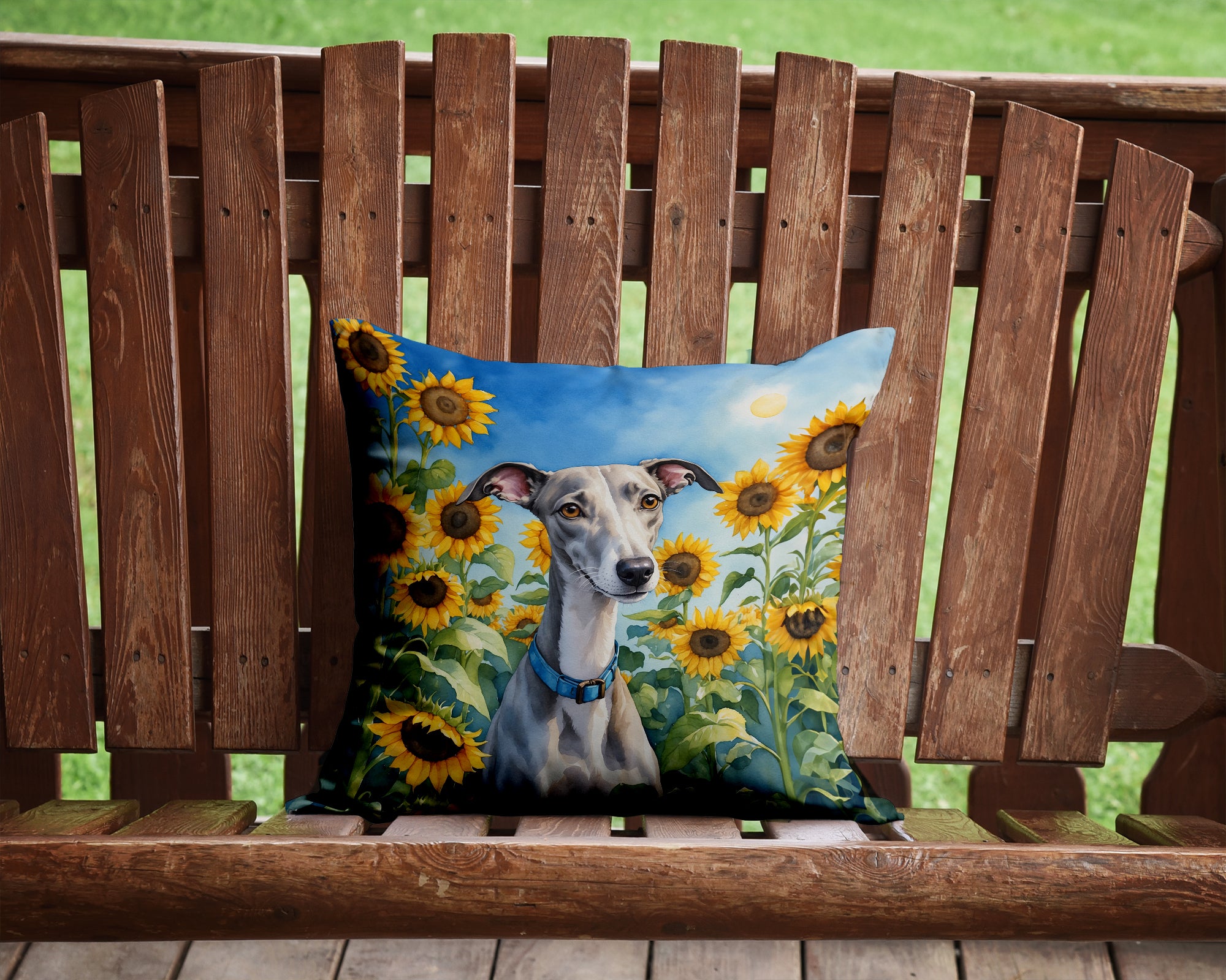 Buy this Whippet in Sunflowers Throw Pillow