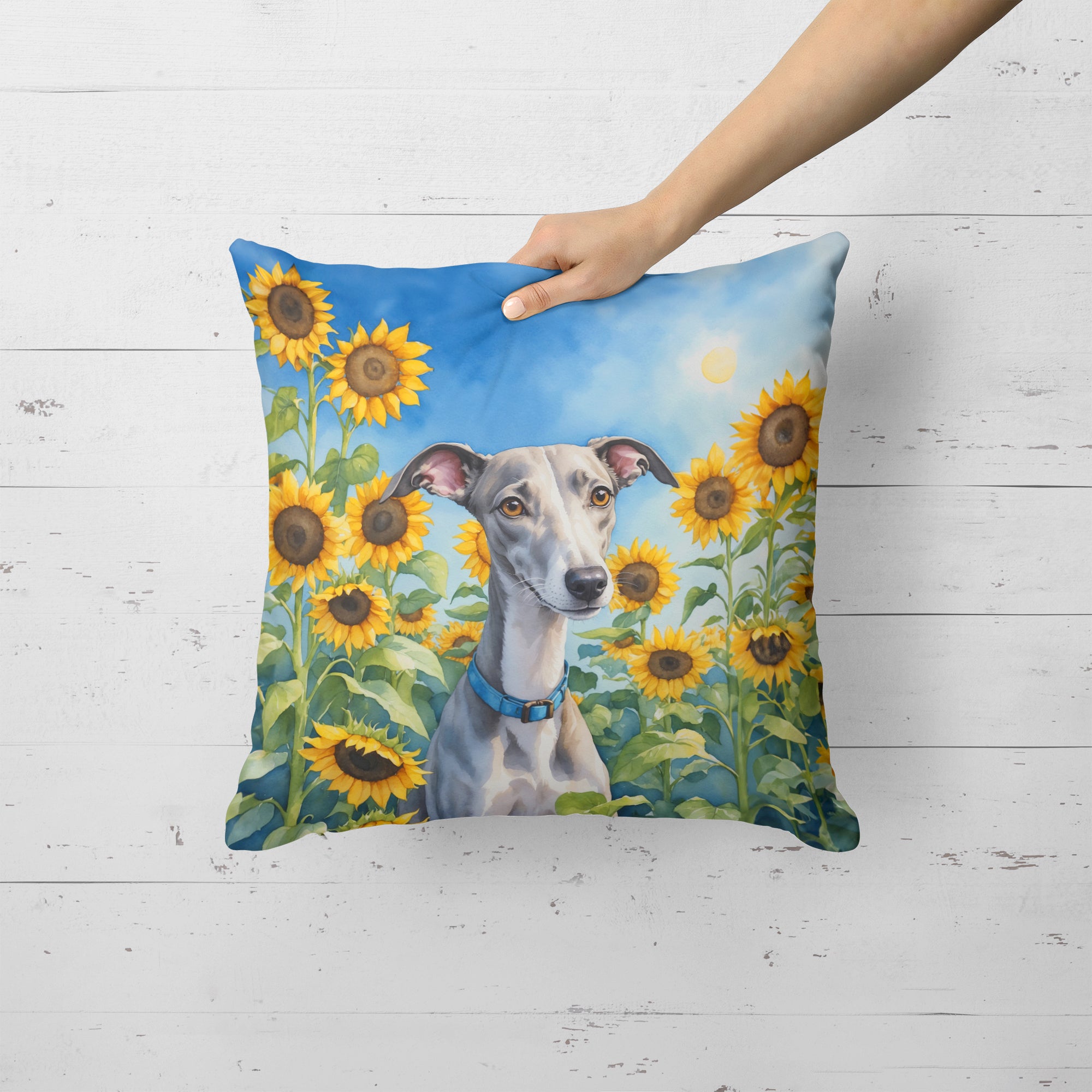 Buy this Whippet in Sunflowers Throw Pillow