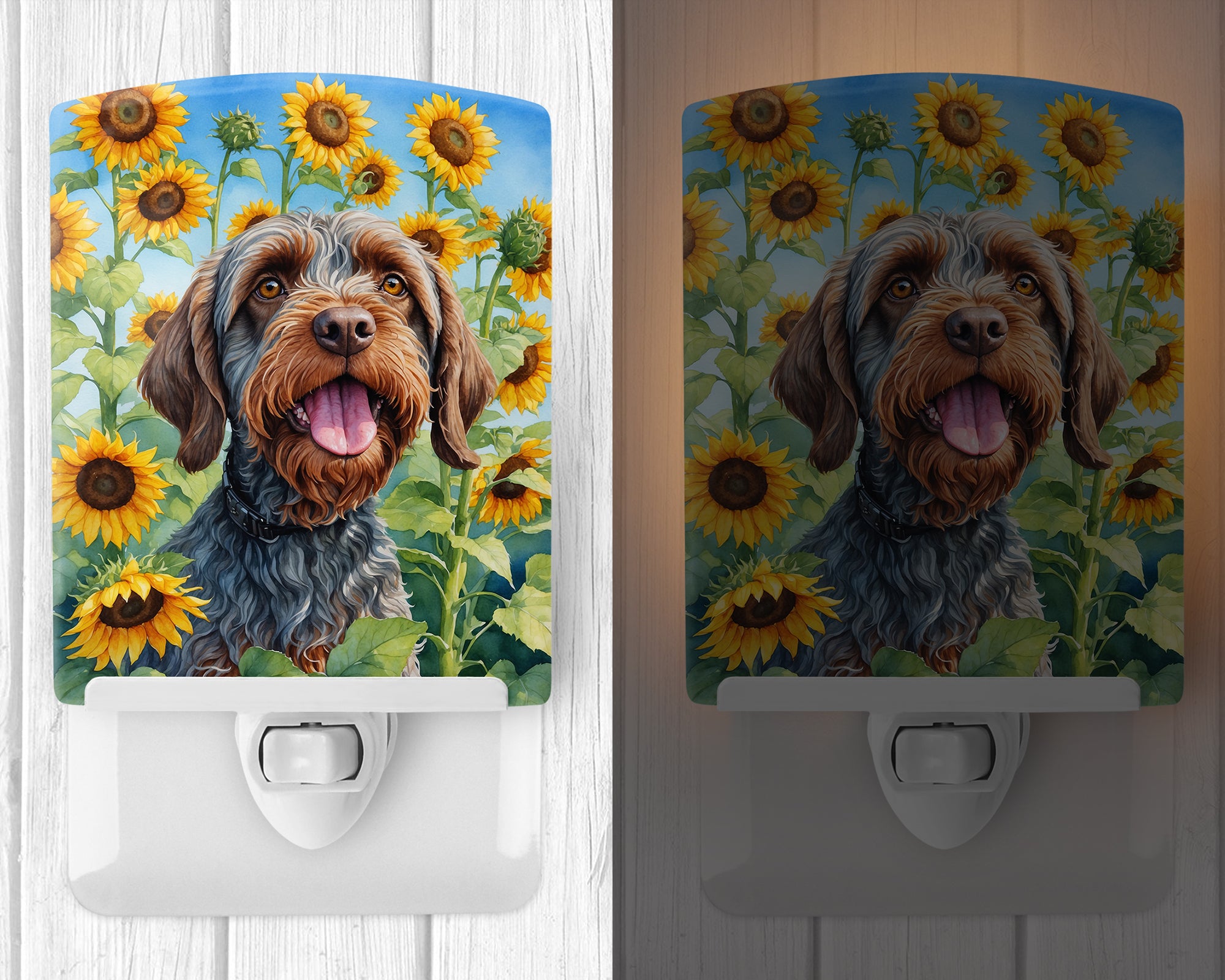 Wirehaired Pointing Griffon in Sunflowers Ceramic Night Light