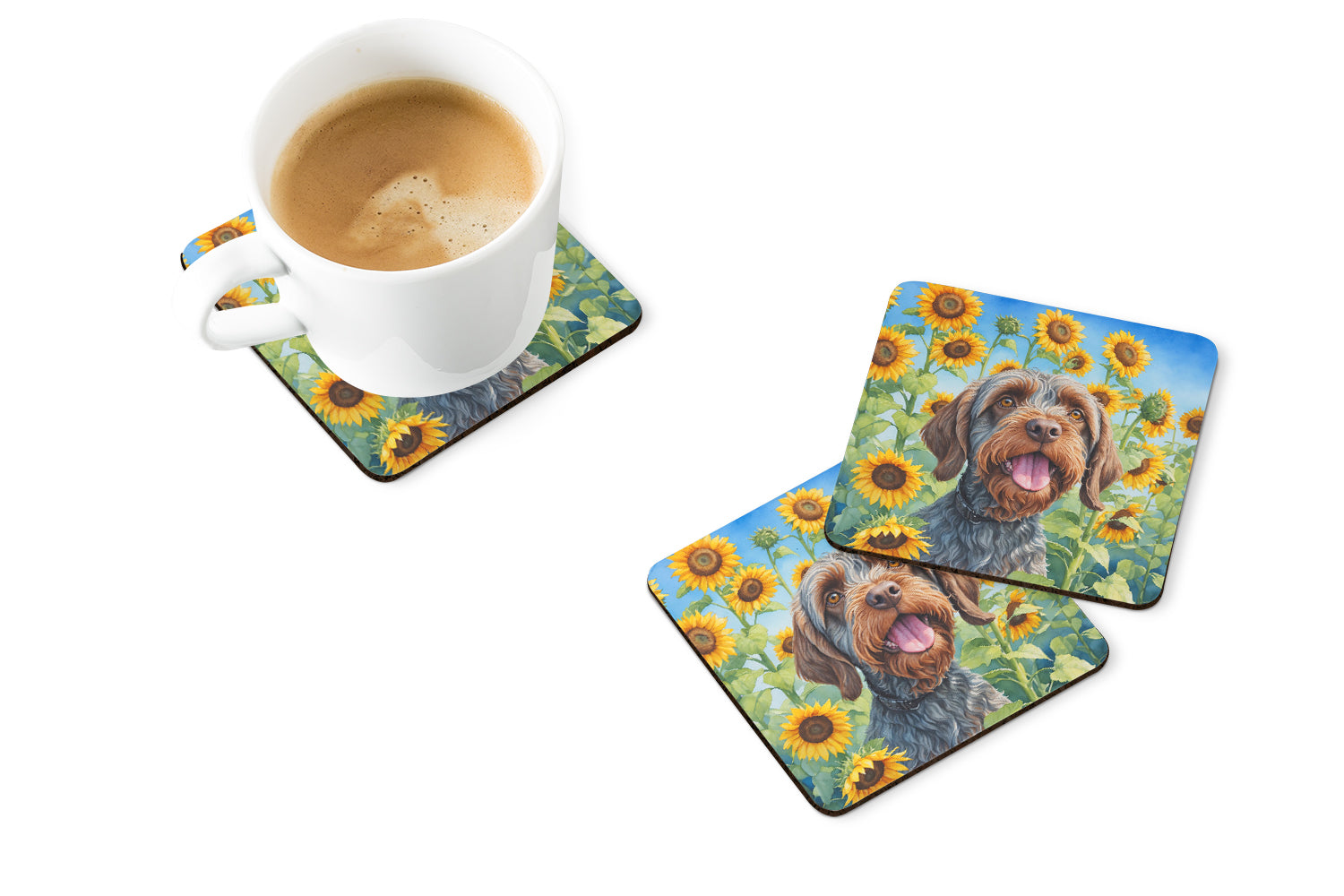 Wirehaired Pointing Griffon in Sunflowers Foam Coasters