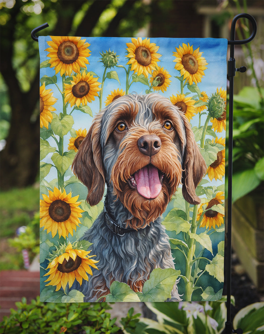 Wirehaired Pointing Griffon in Sunflowers Garden Flag