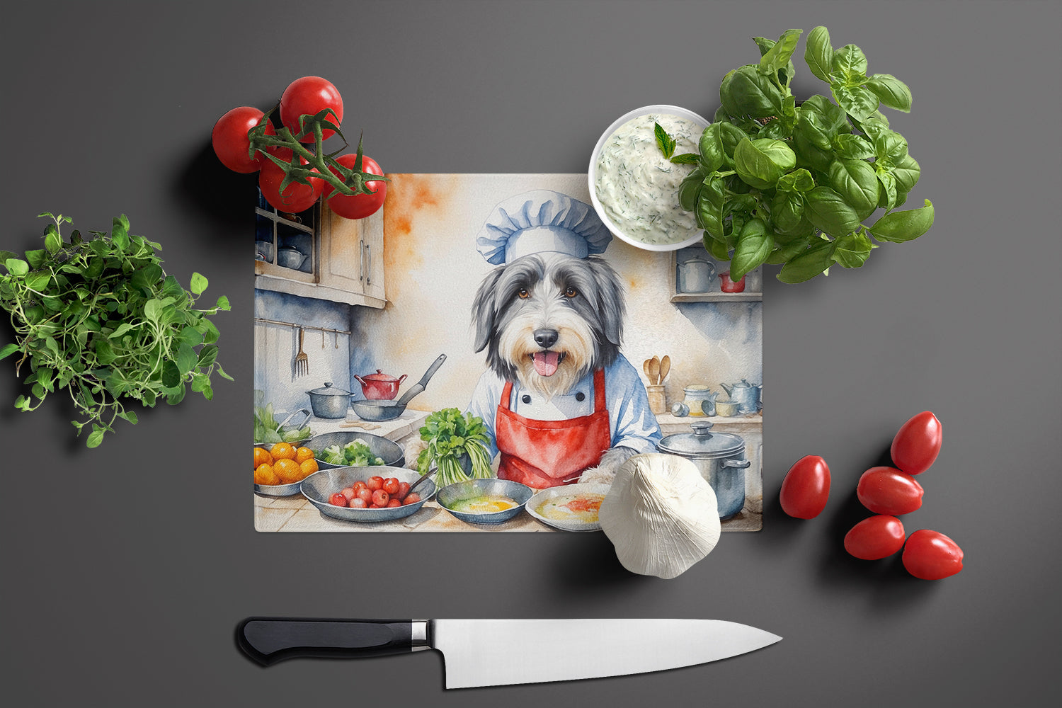 Buy this Bearded Collie The Chef Glass Cutting Board