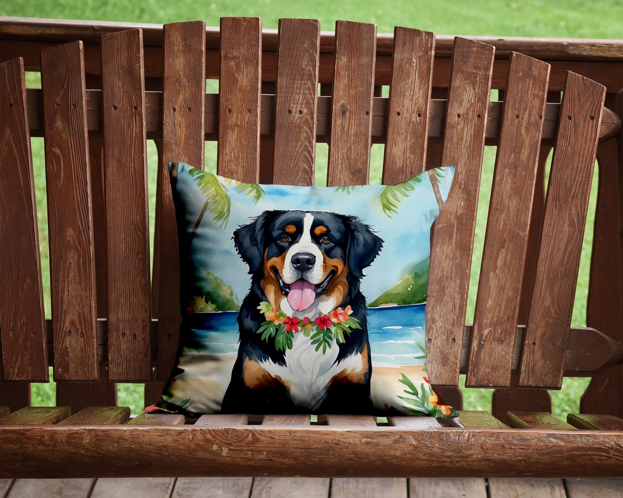Buy this Bernese Mountain Dog Luau Throw Pillow